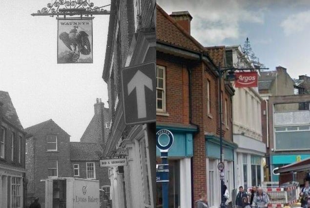 The Falcon, in New Street, has also disappeared from the town. Its space in New Street is now used by Argos. However, the ornate arm which once carried its pub sign remains (seen here looking towards Strait Bargate, rather than away from it as in 1970). Picture: JPIMedia/Google
