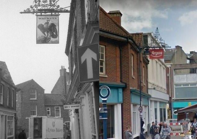 The Falcon, in New Street, has also disappeared from the town. Its space in New Street is now used by Argos. However, the ornate arm which once carried its pub sign remains (seen here looking towards Strait Bargate, rather than away from it as in 1970). Picture: JPIMedia/Google