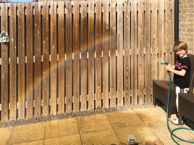 Natasja Stone sent in this snap of Kian, age five, making a rainbow with the hosepipe