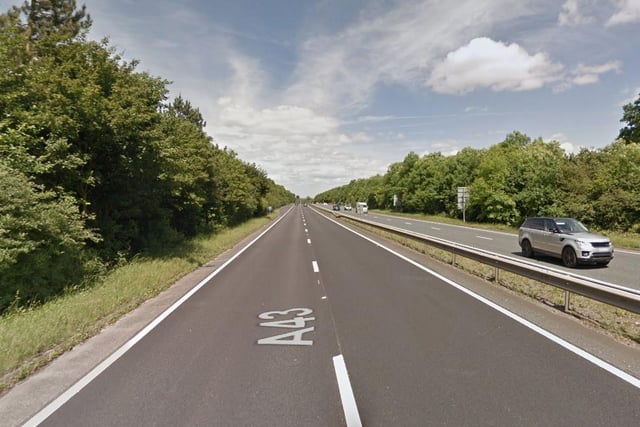 The A43 near Northampton recorded 52 accidents causing casualties between 2014 and 2018