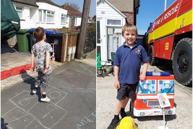 Sammy Mason shared these pictures of the chalk obstacle course outside her house, and her son with his fire appliance on show at home as part of a virtual online vehicle show