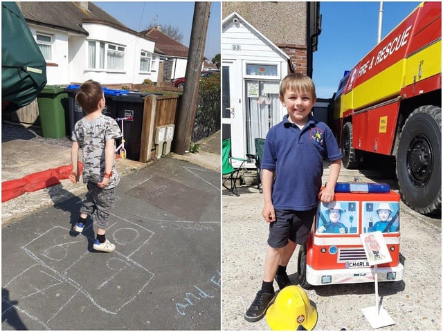 Sammy Mason shared these pictures of the chalk obstacle course outside her house, and her son with his fire appliance on show at home as part of a virtual online vehicle show