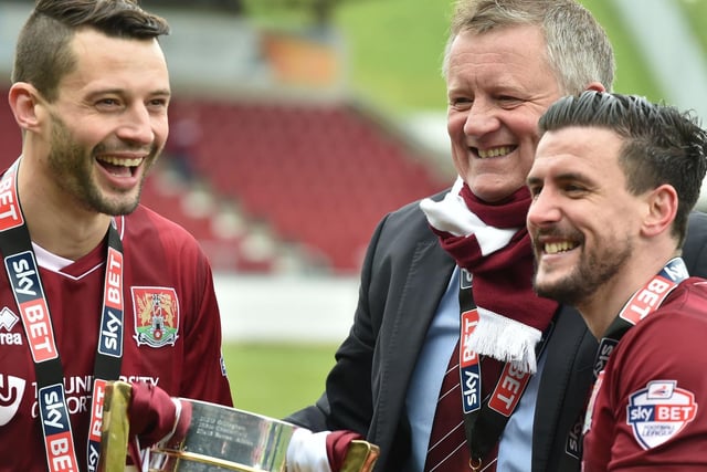 Manager Chris Wilder is flanked by skipper Marc Richards (left) and ever-present David Buchanan