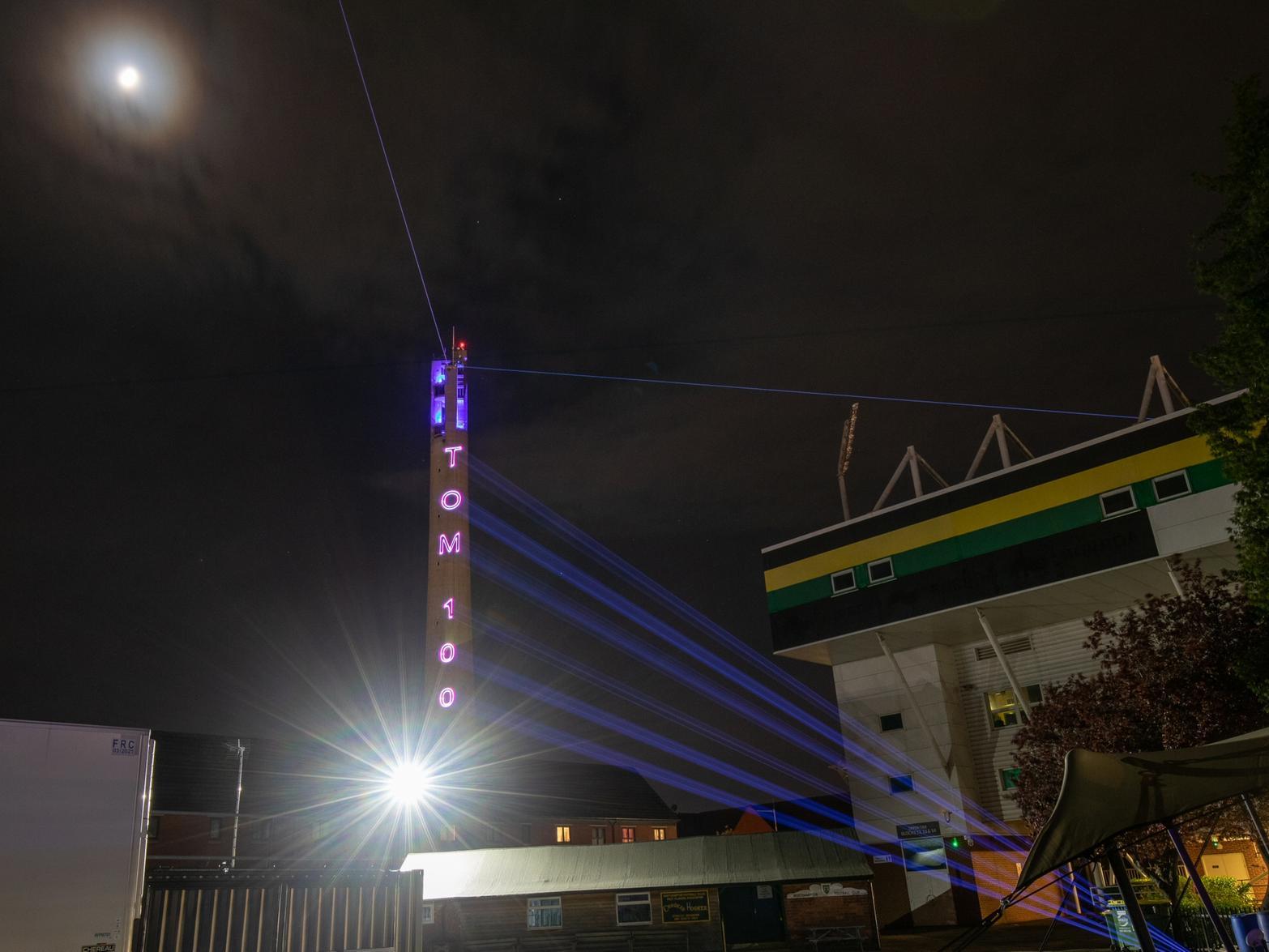 Tom 100 was displayed on the former lift testing tower and was seen from iconic parts of the town, including Franklins' Gardens. Picture by: MLE Pyrotechnics Limited