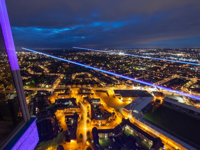 Blue lasers were projected across the town last night, over the town's hospital. Picture by: MLE Pyrotechnics Limited