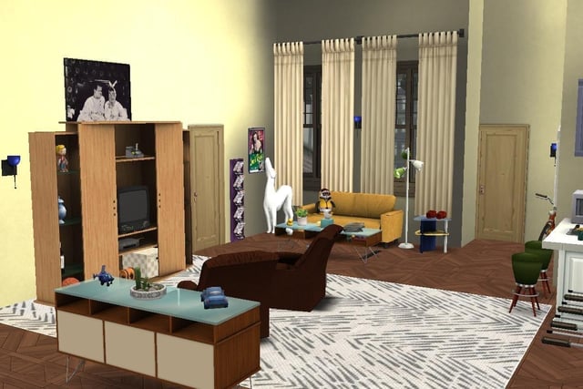 Ollie Armitage-Saunders, 26, from Chichester, recreated iconic TV and film sets on The Sims 4. Pictured is the set of Chandler and Joey's apartment in the TV sitcom Friends