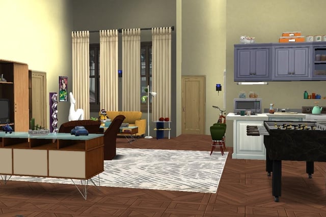 Ollie Armitage-Saunders, 26, from Chichester, recreated iconic TV and film sets on The Sims 4. Pictured is the set of Chandler and Joey's apartment in the TV sitcom Friends
