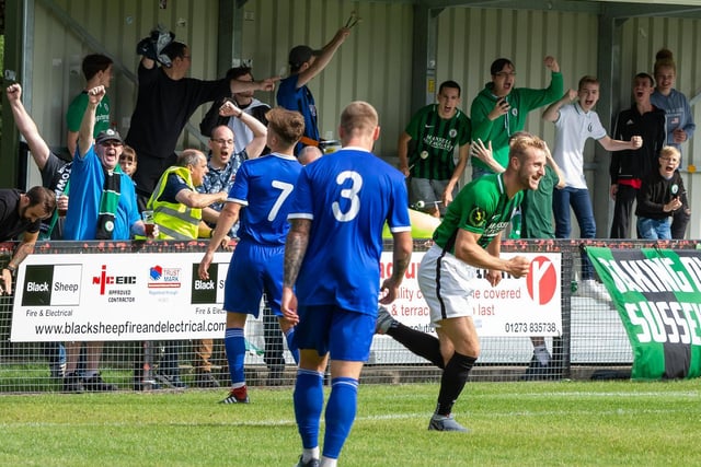 The fans celebrate one of Max Miller's goals v Hythe Town 14th August