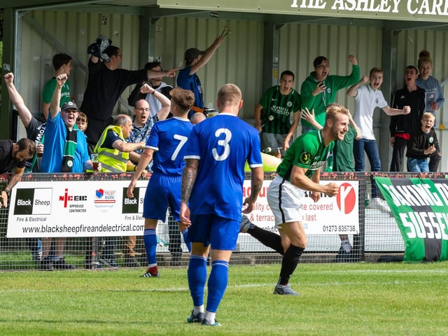 The fans celebrate one of Max Miller's goals v Hythe Town 14th August