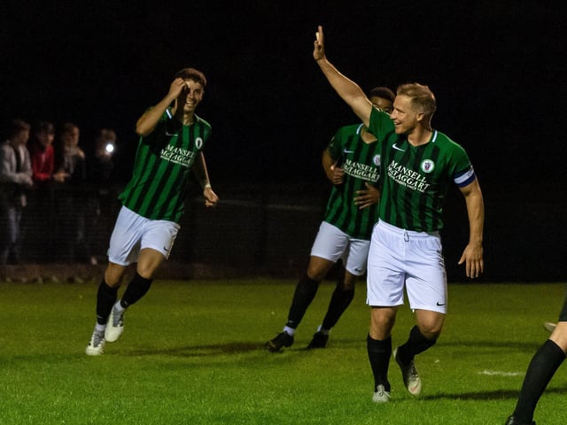 Captain for the night, Steve Sargent, salutes the fans after scoring against Haywards Heath Town in the Velocity Trophy 3rd September