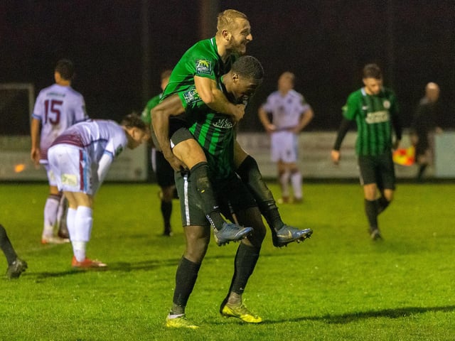 Max Miller gets a piggyback from goalscorer Aaron Smith-Joseph v Hastings