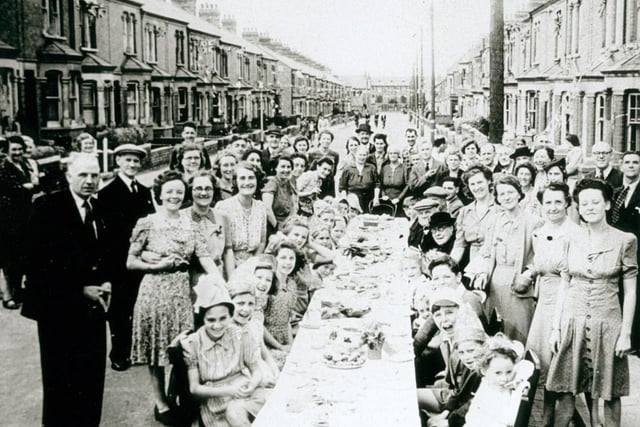 Anson Road pose for a picture on VE day in 1945