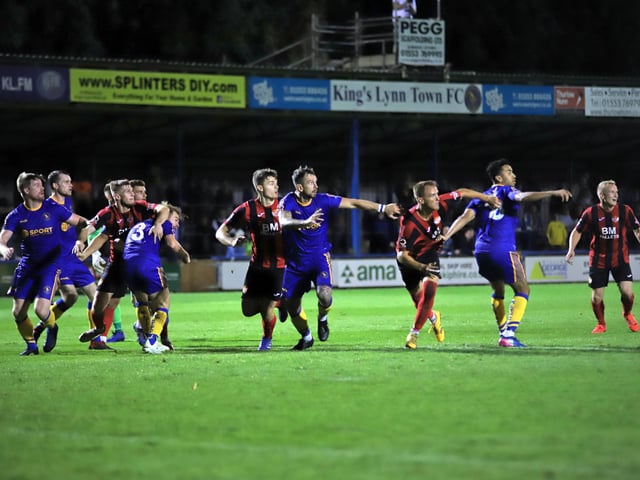 All eyes on the ball! Connor Kennedy unashamedly manhandling his man to get to the ball, Sam Cartwright also looking favourite and Brett Solkhon also fancies his chances. If you look closely you can see the green of Paul White as the Poppies try to get a late late equaliser in their 2-1 loss at King's Lynn Town