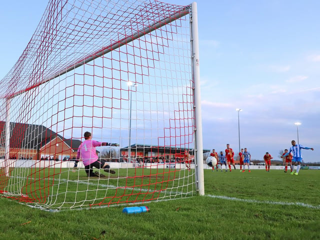 Finally, a penalty converted! Ketterings record from the spot was poor in the season (awarded six, scored three). So you can imagine the relief documenting Aaron OConnor putting one away in the bottom left corner in the 2-2 draw at Gloucester City