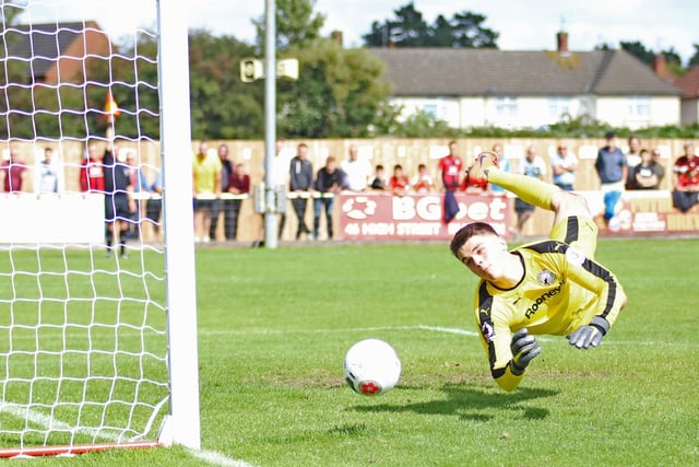 Gateheads Brad James had a game to remember at Latimer Park, putting in a man-of-the-match performance to keep the Poppies at bay. He wasnt to know this effort from Marcus Kelly was offside as he dived to his left  one of several exceptional saves that day as the visitors won 2-1