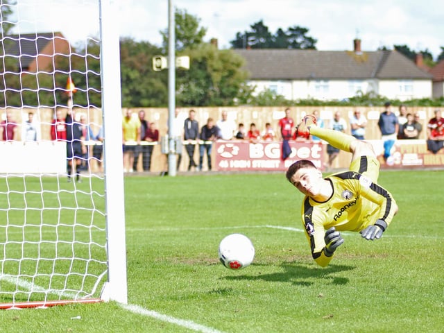 Gateheads Brad James had a game to remember at Latimer Park, putting in a man-of-the-match performance to keep the Poppies at bay. He wasnt to know this effort from Marcus Kelly was offside as he dived to his left one of several exceptional saves that day as the visitors won 2-1