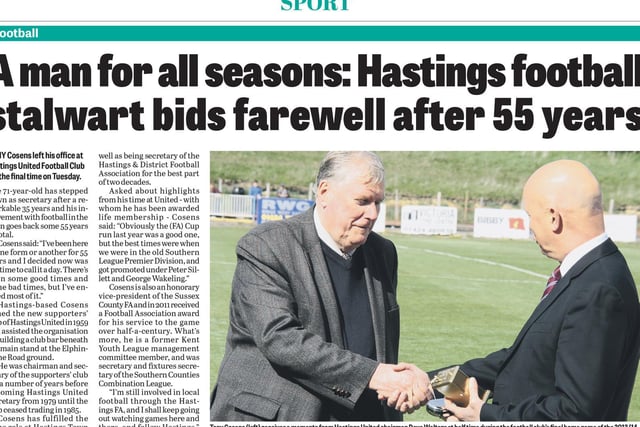 Tony Cosens bid farewell to Hastings United