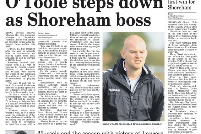 Bryan O'Toole stood down as Shoreham manager