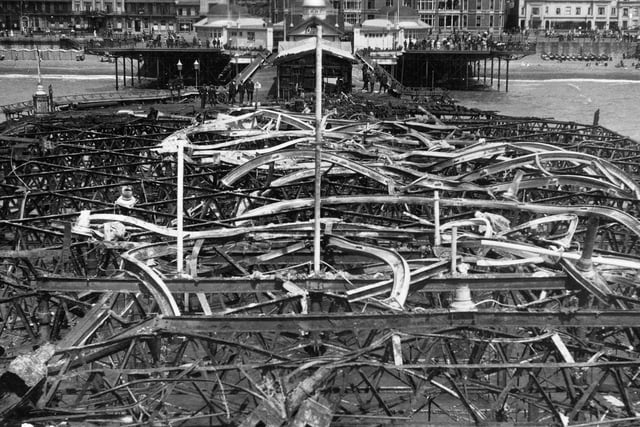 The mangled wreckage of the pier's pavilion after the fire in July 1917. Picture courtesy of Cynthia Wright