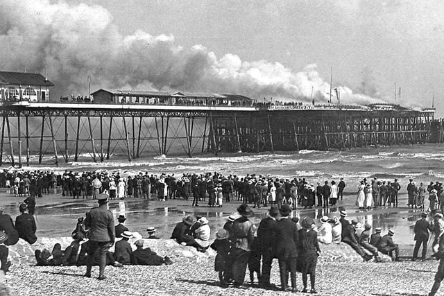 The crowds watching the pier on fire in July 1917. Picture courtesy of David Padgham