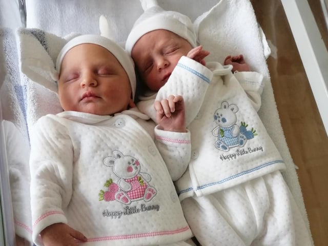 Both were born at KGH on April 6 with Molly weighing 6lb 4oz and George weighing 4lb 6oz.