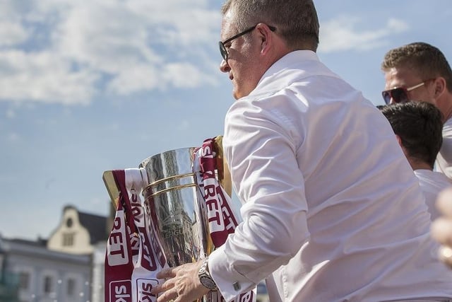 Prize guy... Chris Wilder with the league two title trophy