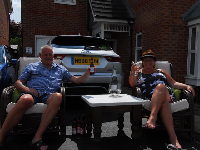 Sue and Nigel Hamblin of Sheldrake Road, Sleaford, enjoying a tipple on VE Day.