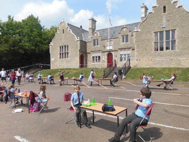 William Alvey School pupils enjoying their socially distanced VE Day tea party.