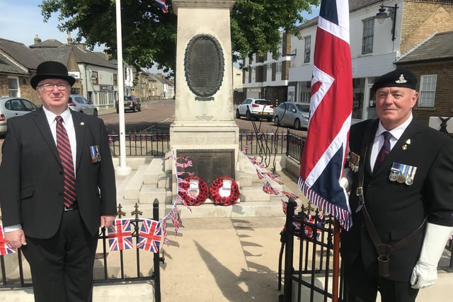 Wreath laying at the Whittlesey war memorial on VE Day. Photo: Robert Windle