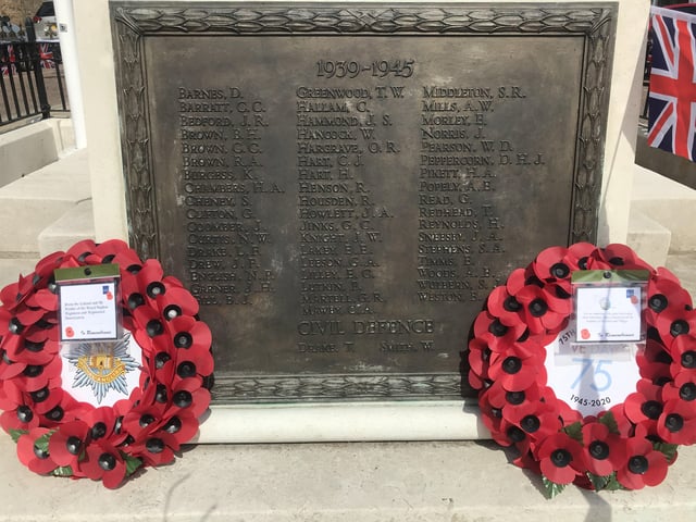 Wreath laying at the Whittlesey war memorial on VE Day. Photo: Robert Windle