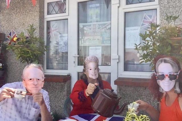 VE Day celebrations in Sackville Road, Worthing, included Katrina and Lesley James posing as Land Girls and the fun of a 'royal visit', featuring Frank James as the Duke of Edinburgh, Lesley James as the Queen and Katrina James as Kate Middleton