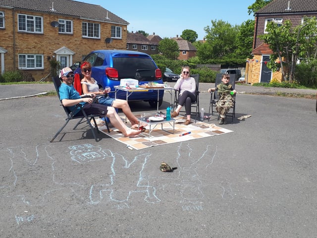 Socially distanced VE Day street party in Oak Tree Way, Hailsham. SUS-201105-105144001
