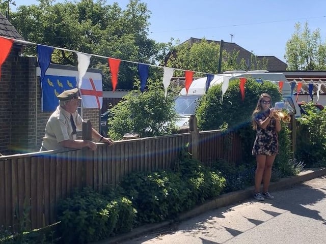 Zoe Webber, has played for the residents of Chailey to mark VE Day. She played the last post at 11a.m and 2.45pm and local resident, Tony Oliver, in uniform, requested Sussex by the Sea. SUS-201105-133059001
