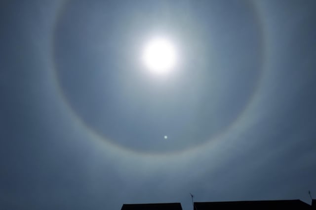 Jean Maclean snapped this unusal aspect of the sun in Langney on May 7. "This rare sight of a rainbow halo around the sun is known as a 22 degree halo or a sun halo. It felt like a blessing, a good omen of unity and peace over us. Beautiful," she said. SUS-200513-090947001