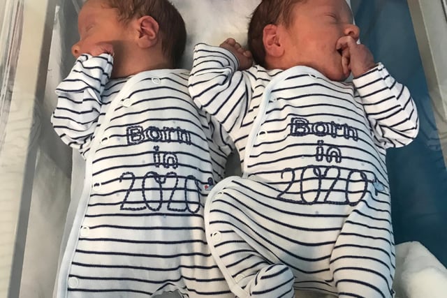 Twins Oscar (left) and Roman Yates, born 10 minutes apart on April 11th. Roman was weighed 6lb 5oz and Oscar 5lb 1oz.