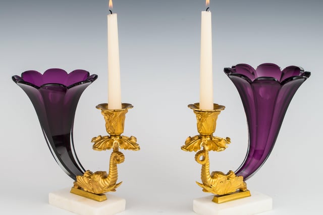 A fine pair of early Victorian amethyst cornucopia candle sticks, 1840. £3,950 from Fileman Antiques