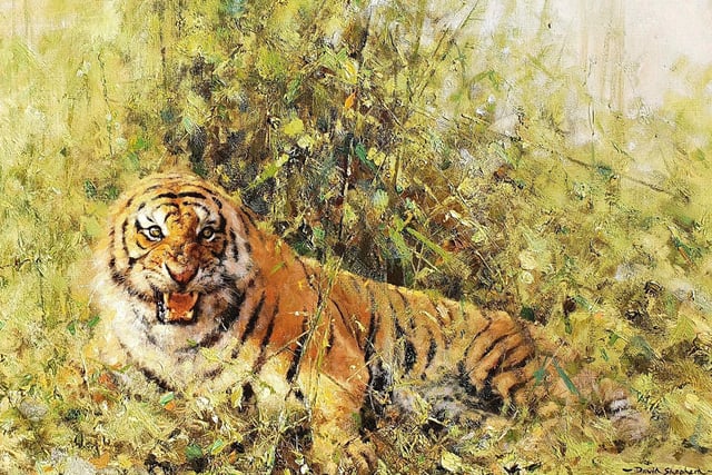 David Shepherd CBE FRSA FGRA (1931 - 2017): Tiger, signed oil on canvas, 20 x 34. Guide price £60,000-80,000 from Haynes Fine Art - London & Cotswolds