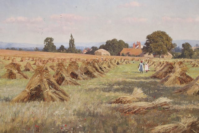 Edward Wilkins Waite, 1854-1924: Cornfields at Fittleworth. Signed; Painted August 1919. Oil on canvas 16 x 22 ins / 40.5 x 56cms. Price category: C: £10,000 - £15,000 from Burlington