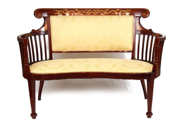 A fine quality late Victorian mahogany inlaid settee. Width 115cm (45.3"), height 80cm (31.5"), depth  67cm (26.4"). £2,295.00 from Mark Buckley Antiques