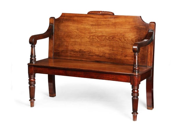 Regency mahogany hall settee in the manner of Gillows of Lancaster, English, circa 1810, height  37 inches, width 47 inches, depth 19 inches. £10,900 from Millington Adams