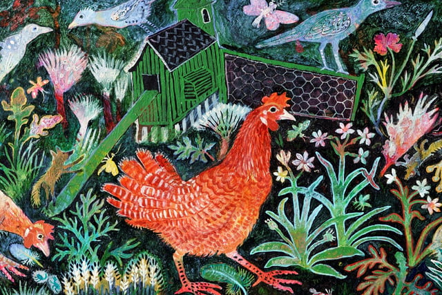 Anna Pugh: Red Hen Run, 2018, acrylic on board. 81⁄2 x 11ae ins / 21 x 29.7 cm, framed 11 x 14ae ins / 28 x 37.5 cm. POA from Lucy B Campbell Gallery