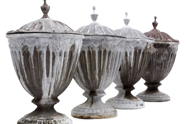 A set of four lead urns, England, first quarter of the 20th century. Height 5cm, width top 36cm, width base 24cm. £3,450 the set from Vagabond