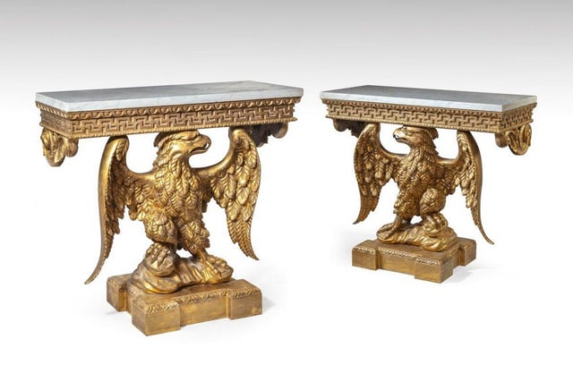 A pair of George II style console tables: carved wood and gilt with marble tops, these tables are of good quality and retain the original gilt decoration. Circa 1920. Height 321⁄2", width 36", depth 16". £12,000 from William Cook