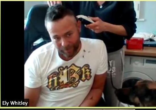 Ian Watson sent in this image from a zoom call and said: "Me getting my head shaved by my wife out of sheer boredom while my friends look on"