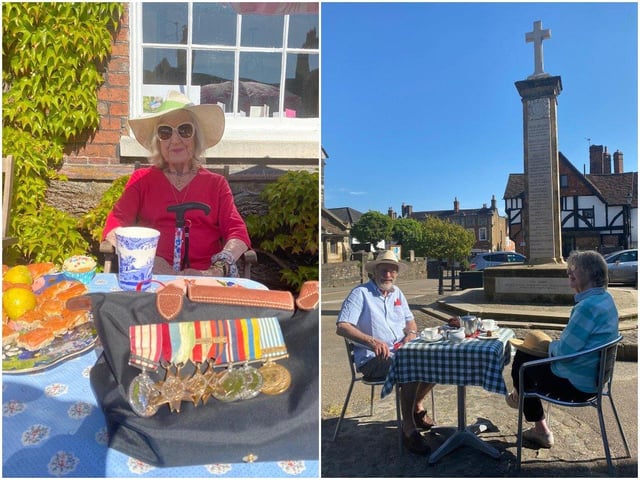Alison Windle shared these pictures of the residents of Church Hill, Midhurst, enjoying afternoon tea from a safe distance outside their homes