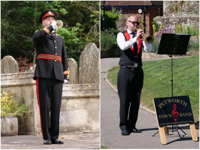 Rob Sadler pictured Nathan Fynes sounding The Last Post, and Nathan is also pictured playing later in the day in Rosemary Gardens, Petworth