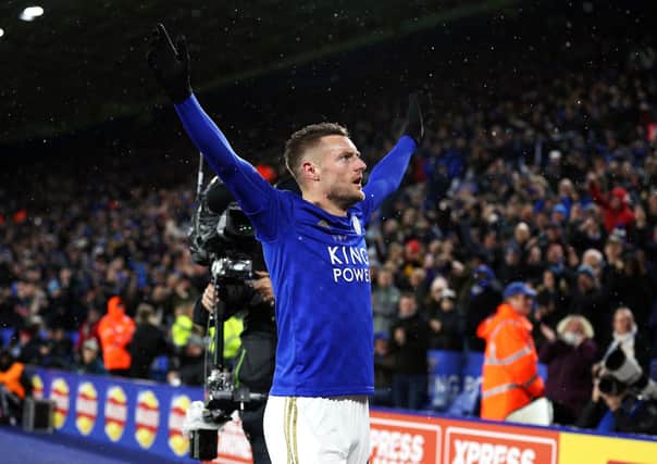 Jamie Vardy celebrates a goal for Leicester City.