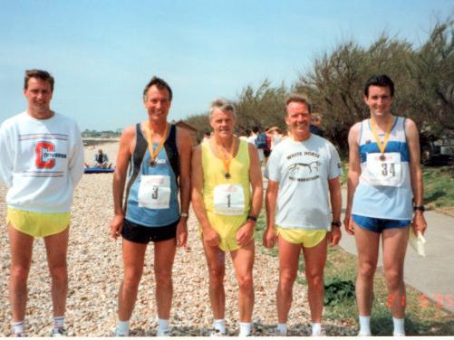 The local Post Office team in the first Bognor Prom 10k in 1995 - Ian Vass, Roger Smith, Rob Porter, Barry Dodd and Neil Clark