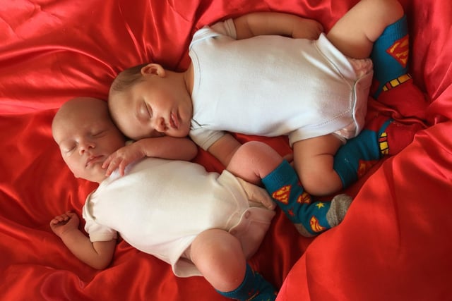 Twins Charlie and Alfie, born March 27
