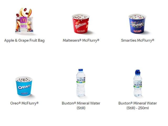 Fruit bag, three flavour McFlurry ice creams, and both the large and small mineral waters return